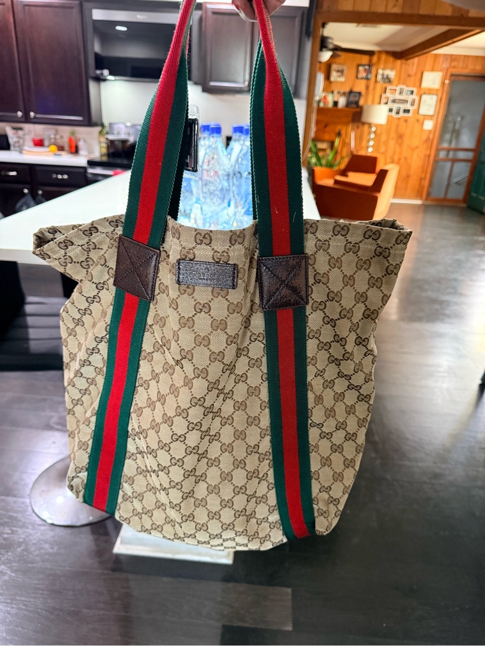 Gucci Beige GG Canvas Tote with Green and Red Web Straps